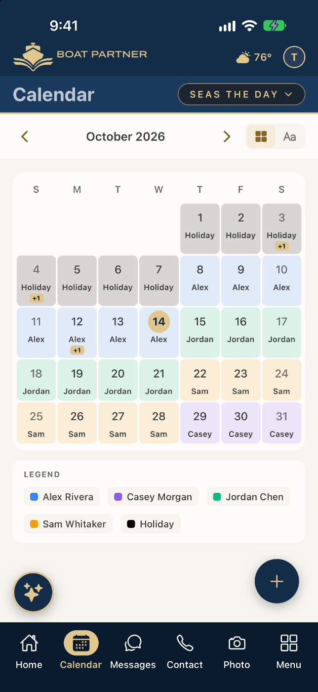 Month calendar with each partner's weeks color-coded and a legend