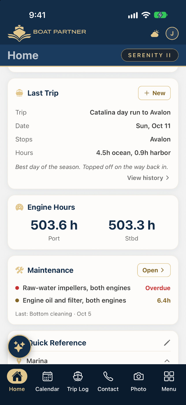 Home screen for a solo owner: last trip card, per-engine hours strip, and a maintenance item due soon