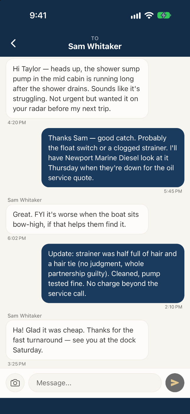 Messages screen with a pinned boat notice and a direct message thread