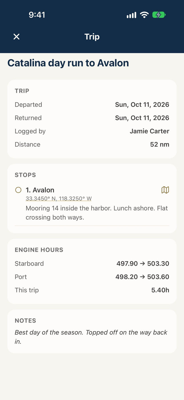 Trip log with stops on the map, engine hours and fuel for a trip