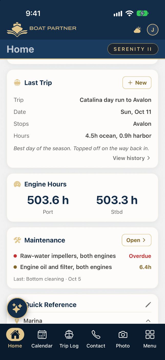 Boat Partner — home screen for a solo owner with the last trip, per-engine hours and a maintenance item due soon