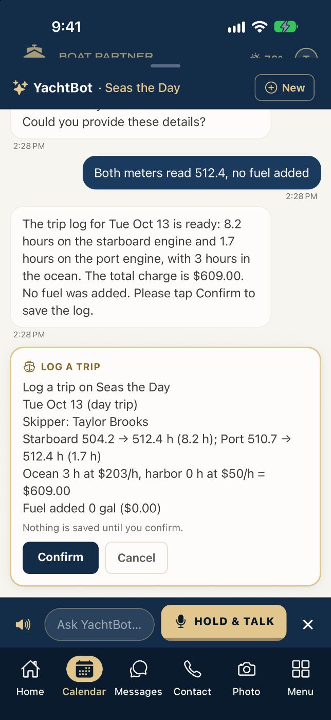 Boat Partner — YachtBot chat with a Log a trip confirm card showing date, hours and cost