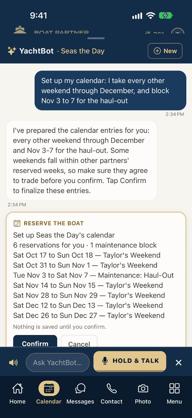 YachtBot chat: a season plan card listing every other weekend through December and a haul-out block, waiting to be confirmed