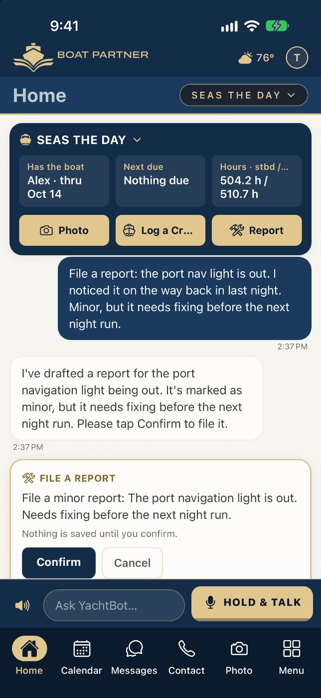 YachtBot chat: the owner said the port nav light is out, and YachtBot shows a report card to confirm
