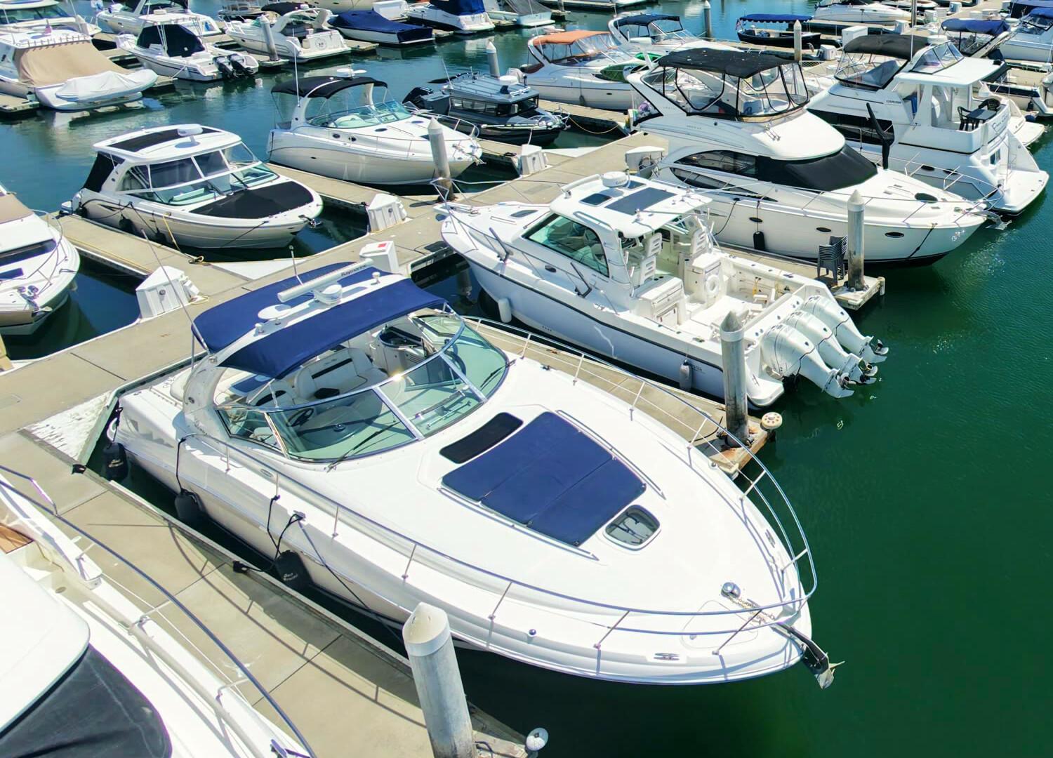 Aerial view of Sea Cruise docked at Newport Dunes Marina among other boats