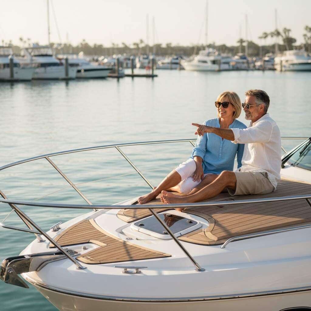 Two friends on the foredeck of a yacht at a sunny marina, one pointing toward the horizon